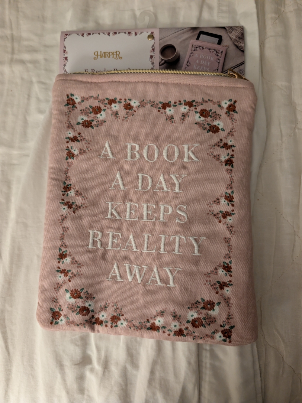 Harper Pink Floral Embroidered Book Pouch Or E-reader Sleeve